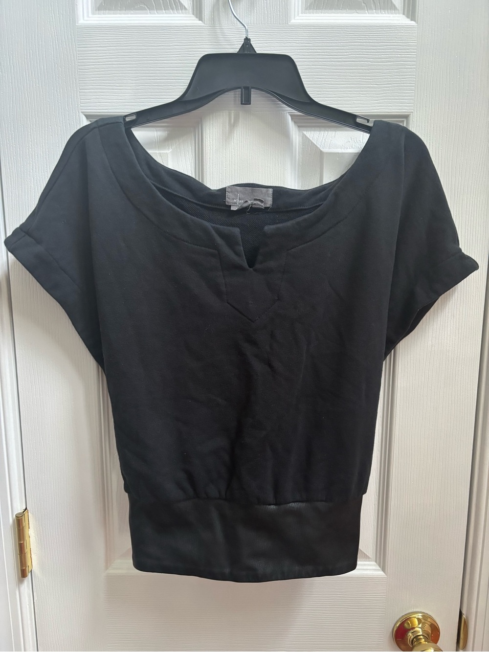 Anthropologie Black Faux Leather Tie Smock Waist Short Sleeve Top, Size XL, EUC - Picture 2 of 6